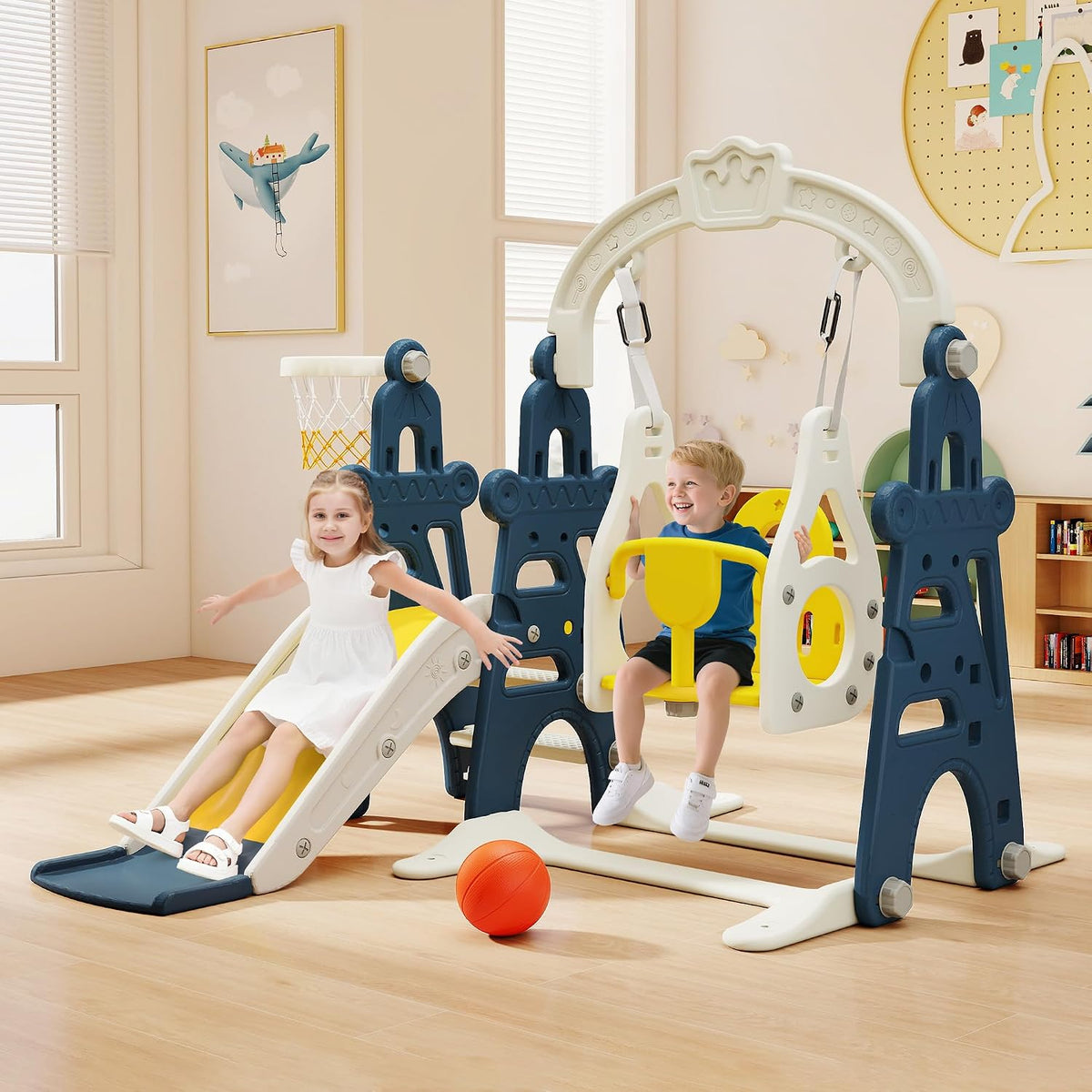 4-in-1 Kids Slide & Swing Playset