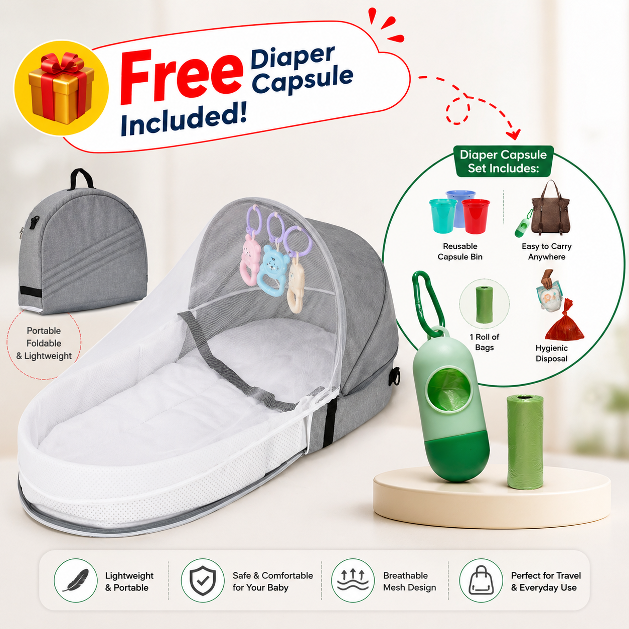Portable Baby Bed Bag – Safe, Comfy & Easy to Carry Anywhere! + Free disposable diaper dispensernse
