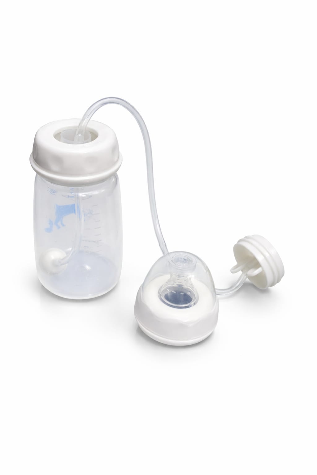 Hands-Free Baby Feeding Bottle with soft flexible tube and silicone nipple